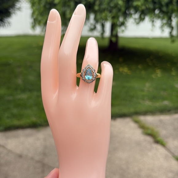 Swiss Blue Topaz Pear Cut White Sapphire Halo Cocktail Ring Size 7 18k over 925 - Picture 3 of 13